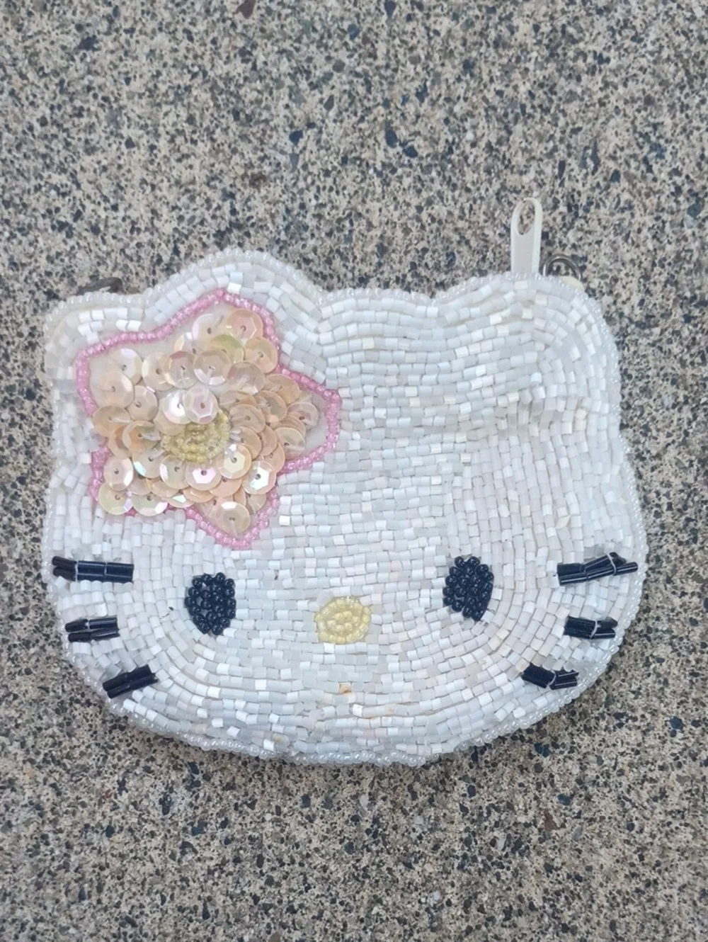 Sanrio Hello Kitty White Beaded Coin Purse with Pink and Gold Flower Accent